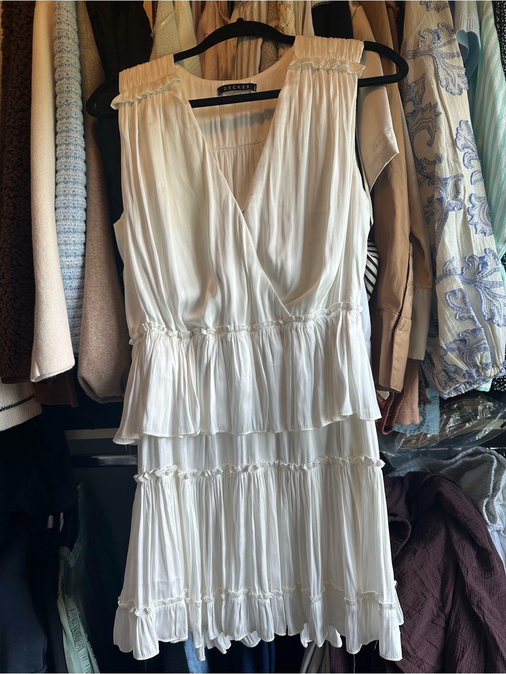 DECKER White Satin Tiered Sleeveless Dress | Bridal Shower | Size L